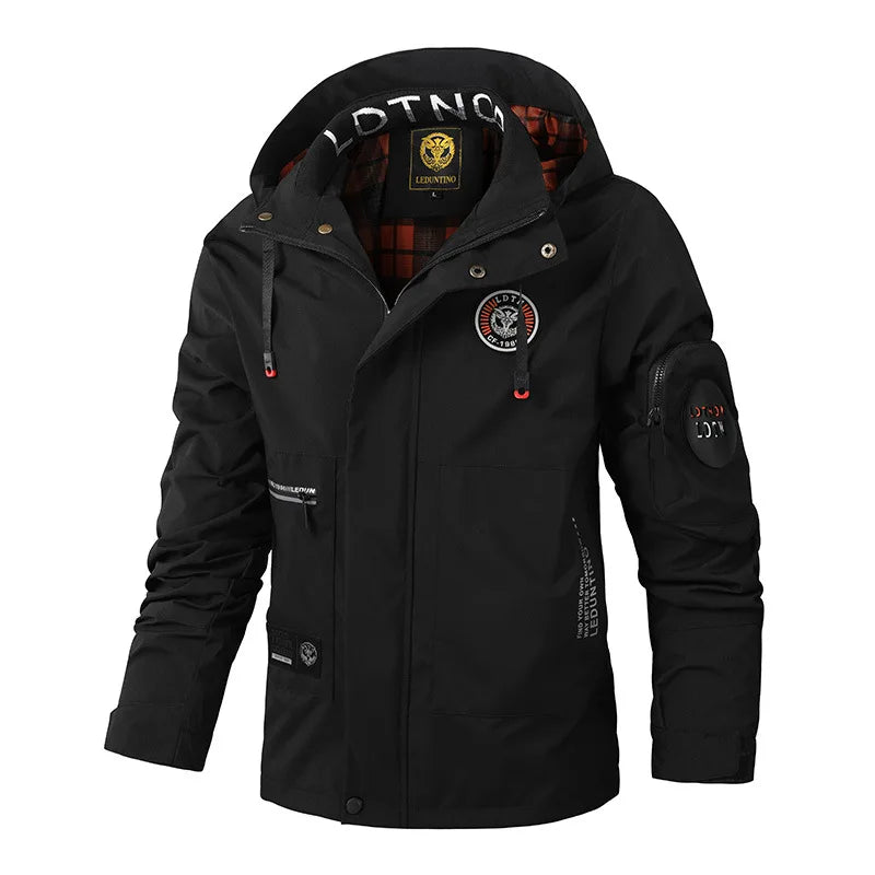 Herren Outdoor Jacke mit Kapuze & Reißverschluss, Winddichte Übergangsjacke mit Taschen