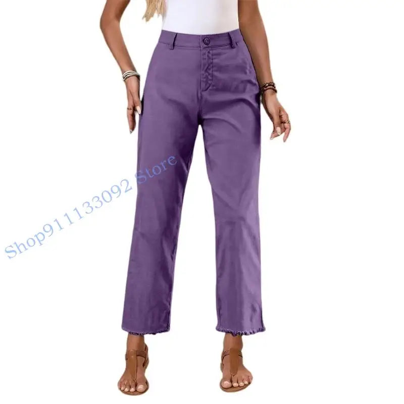 Damen Stoffhose mit geradem Bein, Hoher Bund & Fransen Saum – Beige