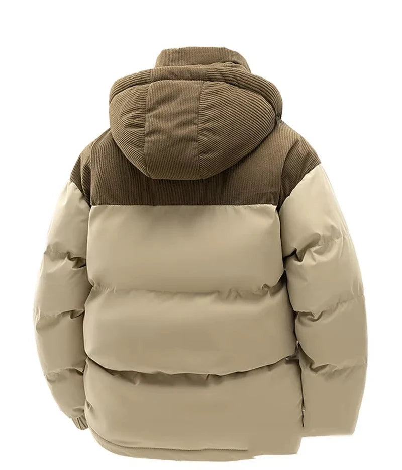 Winter Steppjacke mit Kapuze Zweifarbig Cord-Detail Gepolsterte Outdoor-Jacke