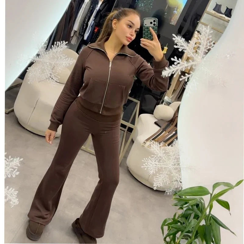 Damen Sportlicher Hoodie mit Reißverschluss & Flare Hose Set