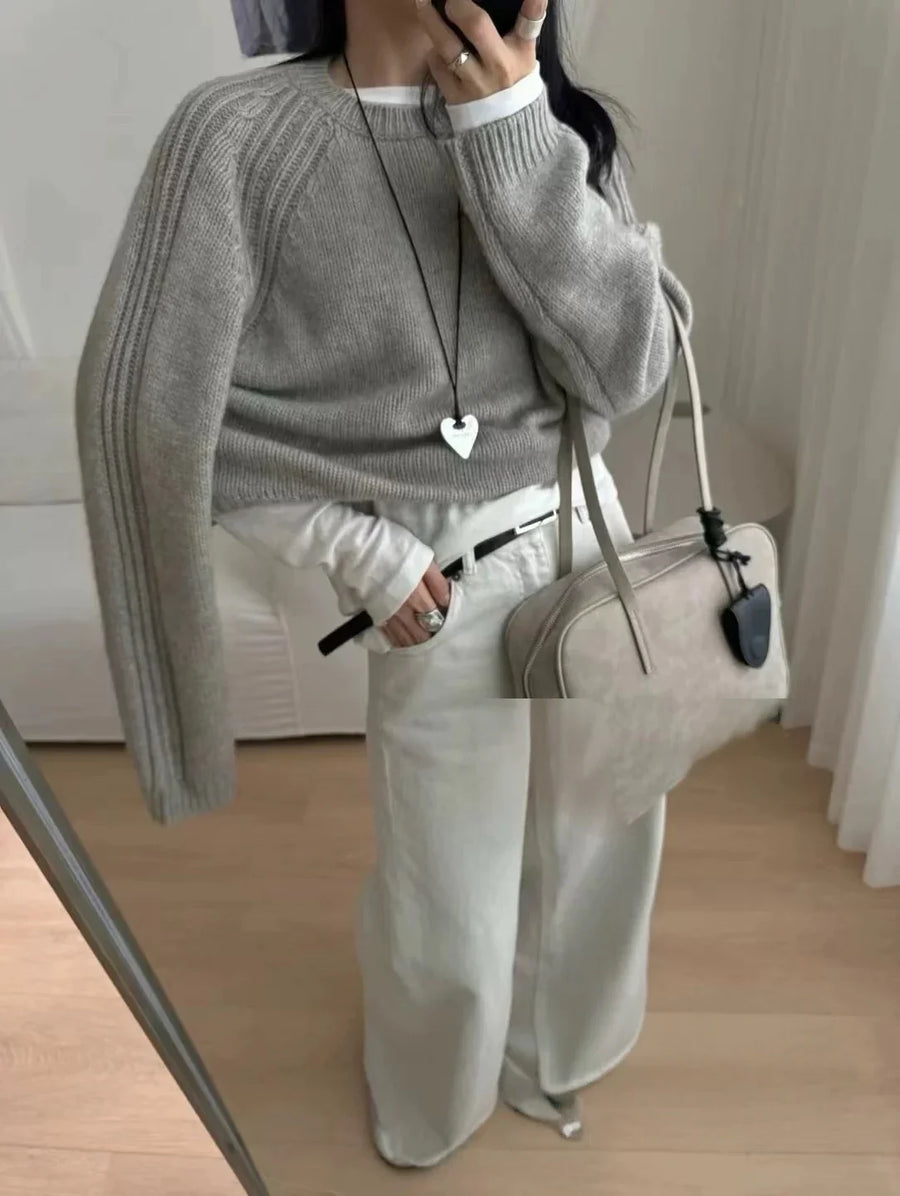 Damen Strickpullover Oversize Rundhals Gerippte Ärmel