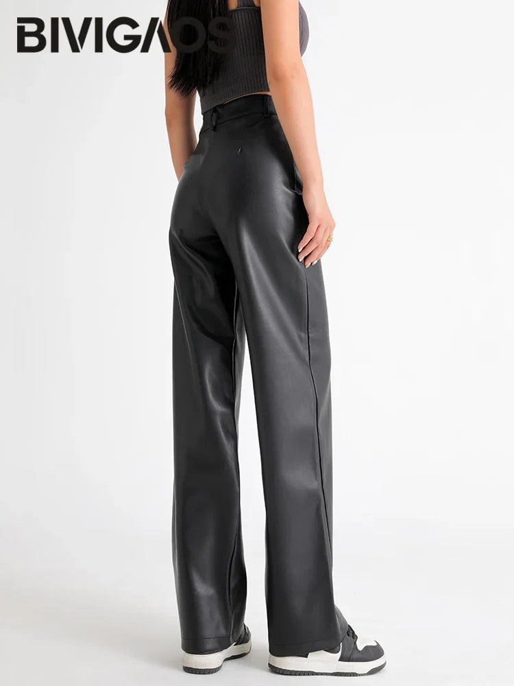 Wijde damesbroek in lederlook met hoge taille, zwart