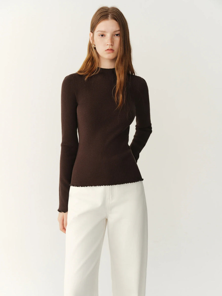 Geribd dames shirt met col en lange mouwen, met golvende boorden