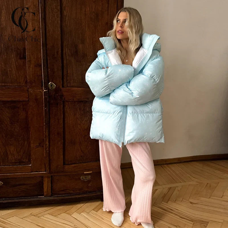 Damen Steppjacke mit Kapuze & Fäustlingen, lockere Passform, gepolstert, mit Reißverschluss & Muster