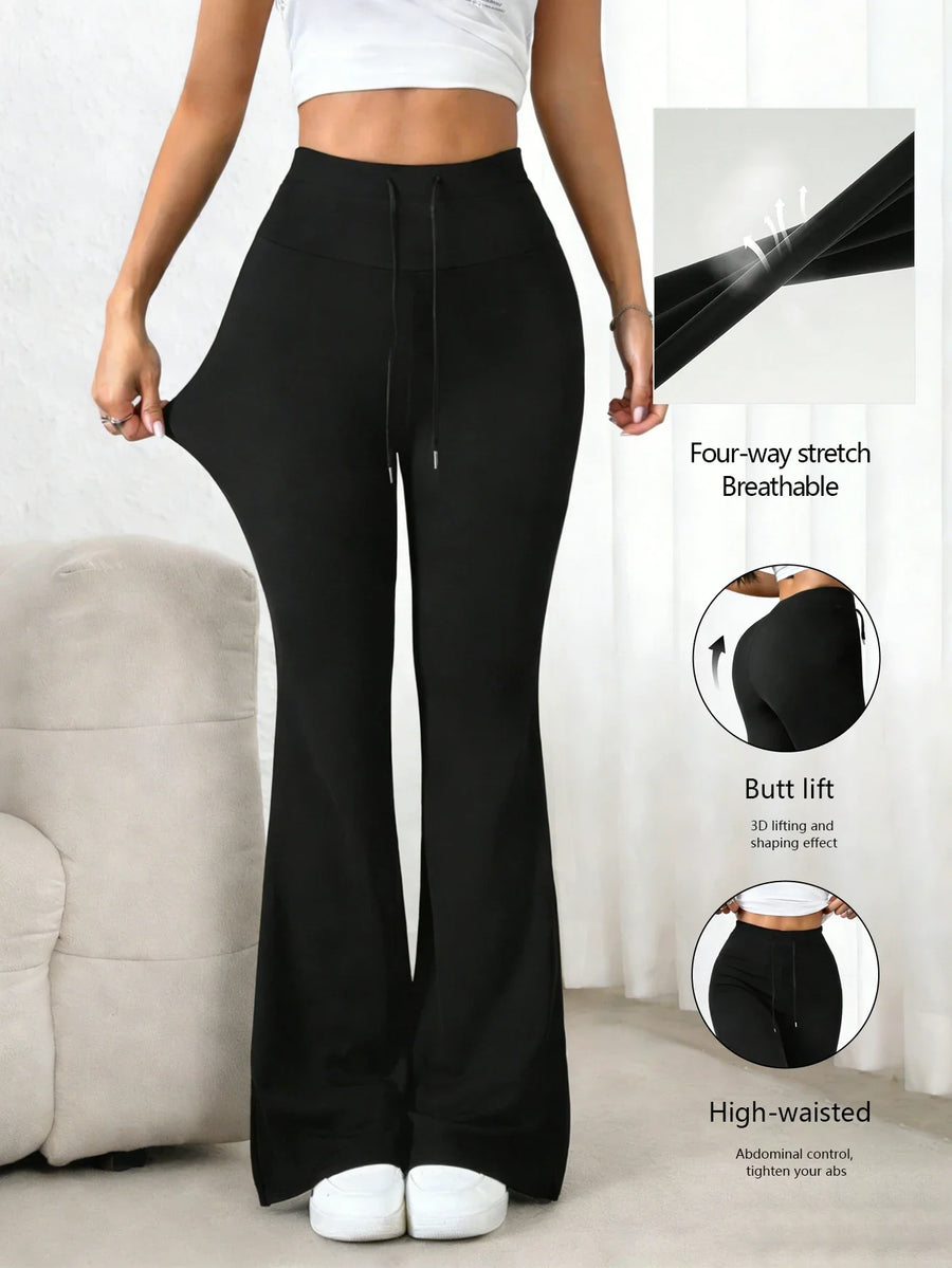 Zwarte damesflared broek met hoge taille en tunnelkoord