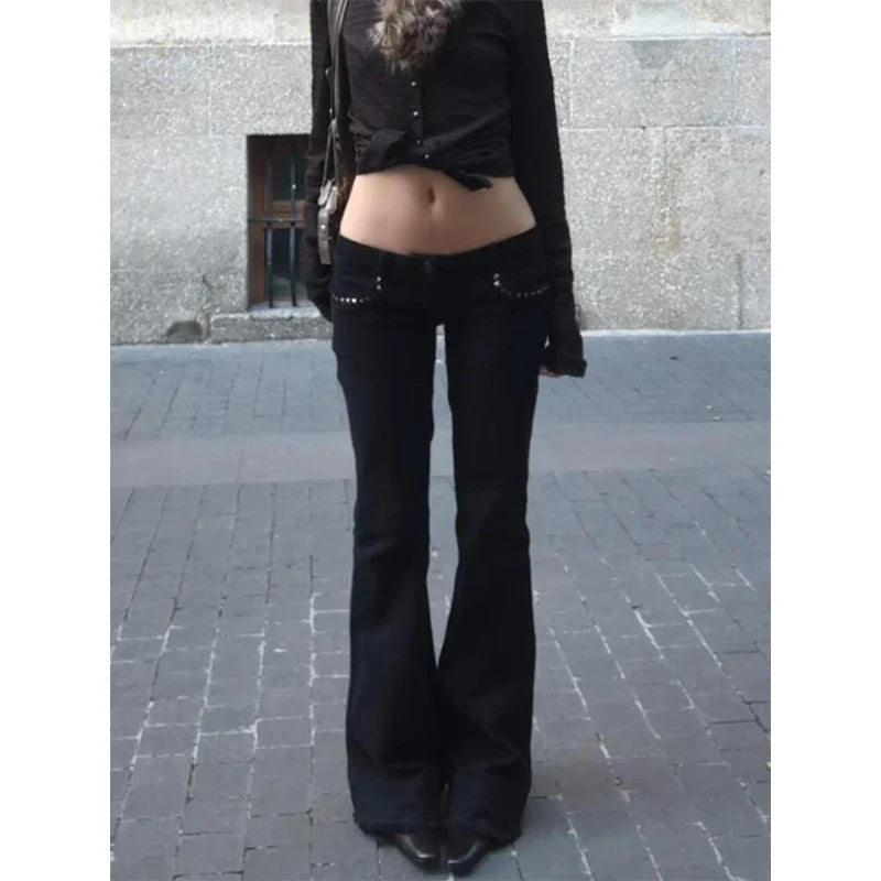 Damen Schlaghose Schwarz Low-Rise mit Strass-Details