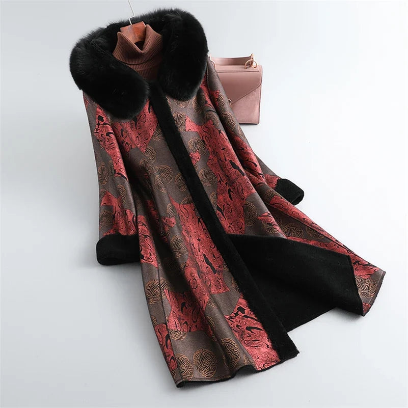 Damen Wintermantel mit Pelzkragen & Muster Langes Jacke Winter