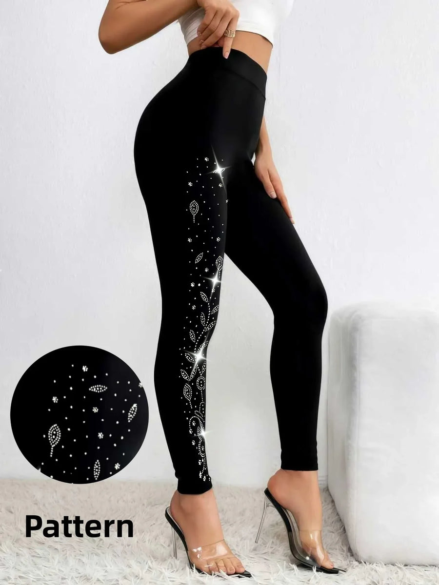 Zwarte dameslegging met glittersteenpatroon en strassteentjes, hoge taille
