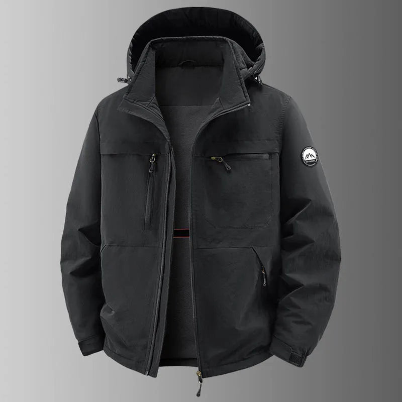 Herren Outdoor Jacke mit Kapuze & Reißverschluss, Mehrere Taschen, Fleece-Futter, Warm