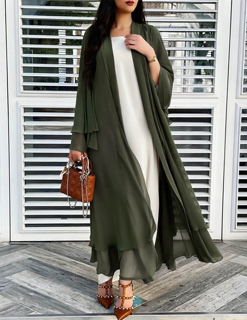 Dames chiffon-kimonomaxijurk met lange mouwen en rucheszoom, open gedragen