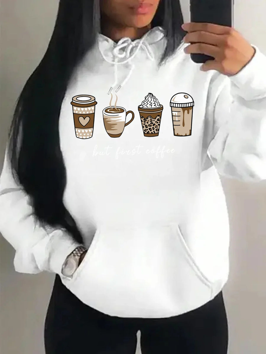 Dameshoodie met "But First Coffee"-opdruk en kangoeroezak