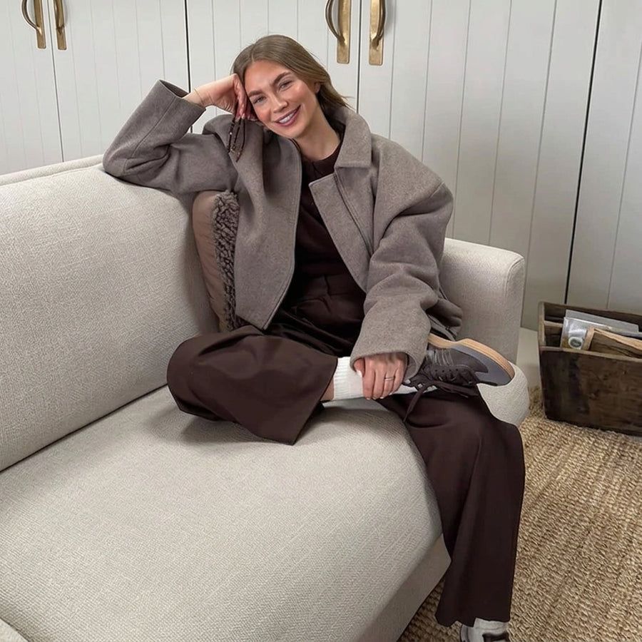 Kurze Jacke mit Reißverschluss und Kragen Damen Beige/Grau