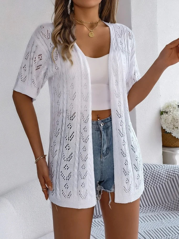 Damen Strick-Cardigan mit kurzen Ärmeln, offener Vorderseite, Lochmuster, Beige