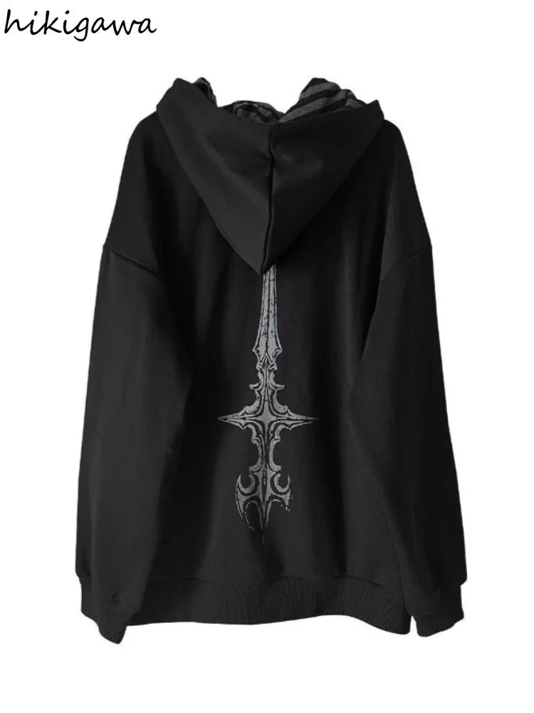 Oversized unisexhoodie met rits en capuchon, met gothic-print