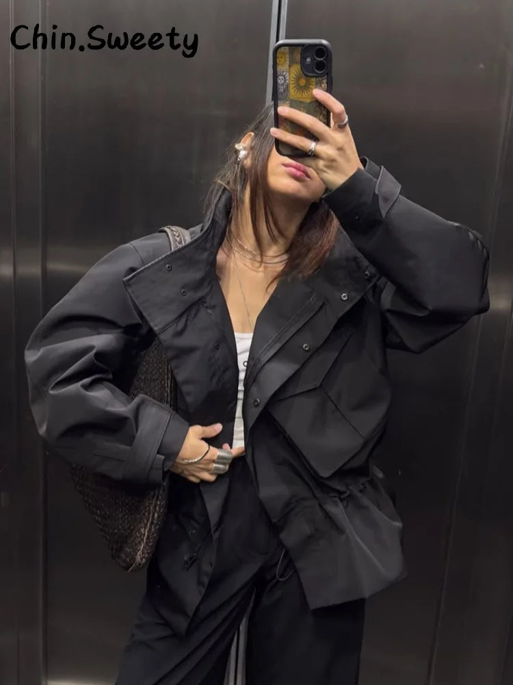 Damen Jacke Schwarz Kurz Kragen Weitenregulierbar