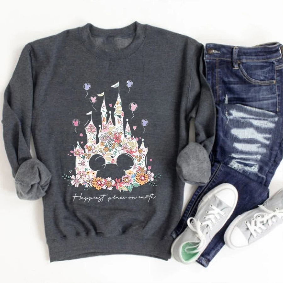 Damen Sweatshirt mit Rundhalsausschnitt und floralem Schloss-Print, Langarm