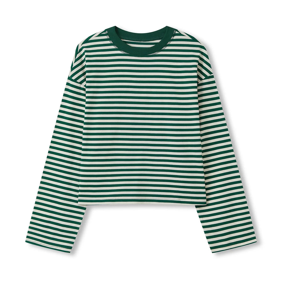 Gestreept dames-shirt met lange mouwen, oversized, ronde hals, casual crop top