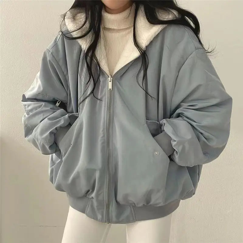 Damen Reversible Bomberjacke mit Kapuze Teddyfutter