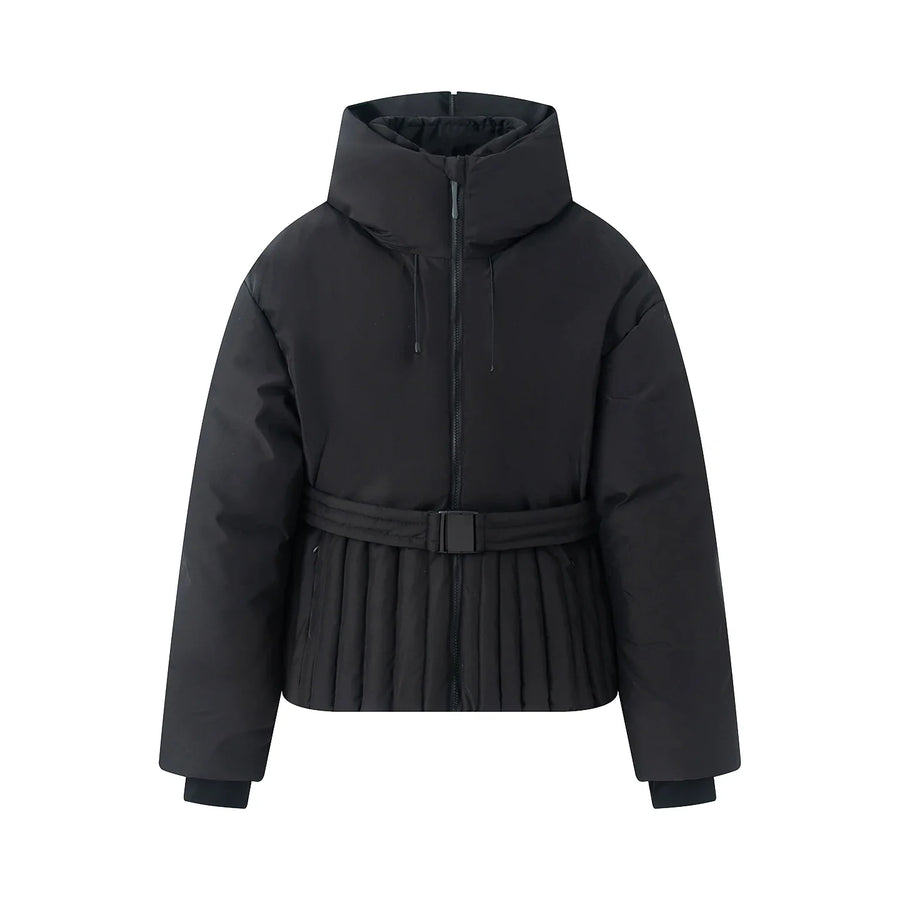 Damen Steppjacke mit Stehkragen Gürtel Falten-Details