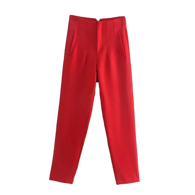 Damesbroek van stof met hoge taille in wortelmodel