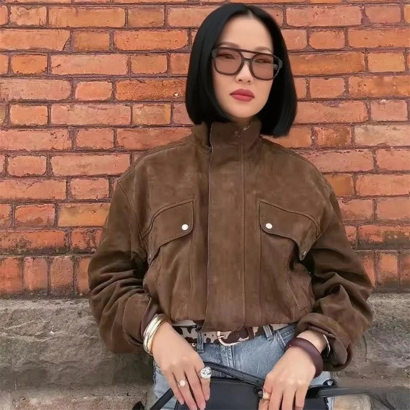 Bikerjacke Damen in Wildleder-Optik mit Reißverschluss und Gürtel