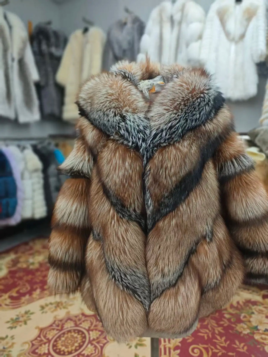 Damen Kunstfelljacke mit Kapuze und Streifenmuster