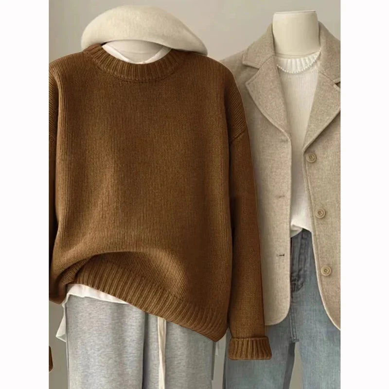 Unisex Rundhals Pullover Grobstrick Oversize Locker Casual Langarm
