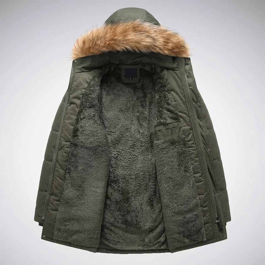 Herren Winterparka mit Kapuze und Fellimitatbesatz, warm gefüttert, langarm, Reißverschluss