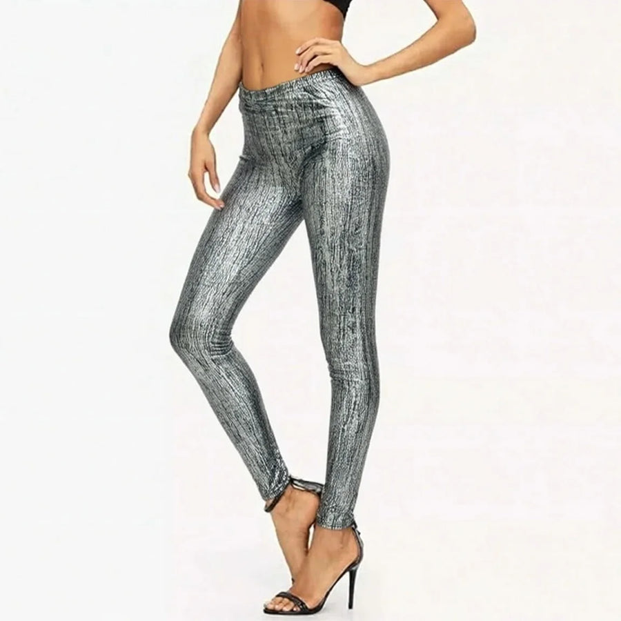 Zilverkleurige metallic dameslegging, glanzend, gestructureerd, hoge taille
