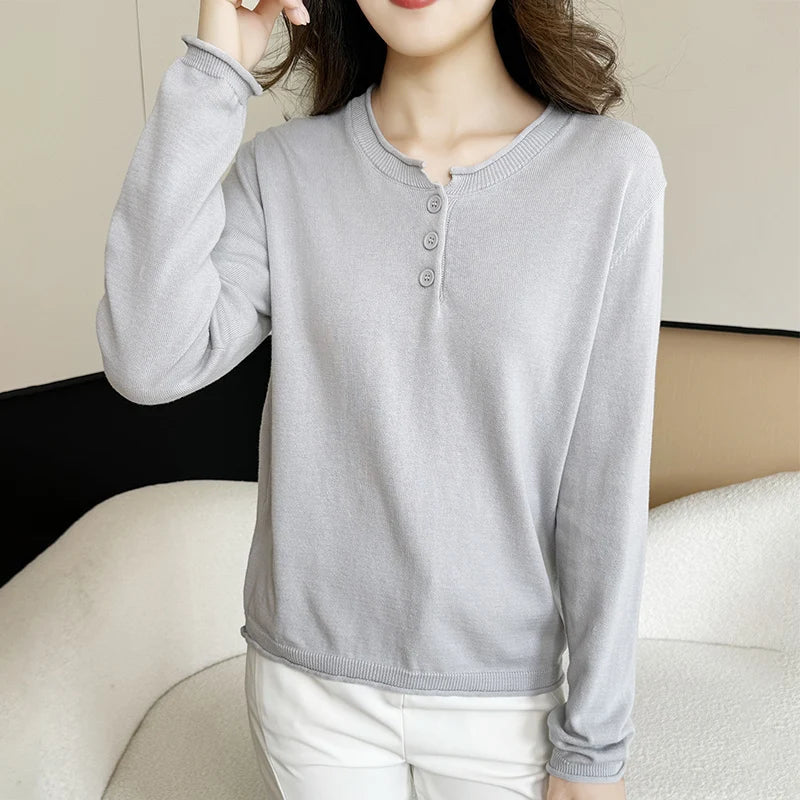 Damen Henley-Pullover Langarm mit Knopfleiste