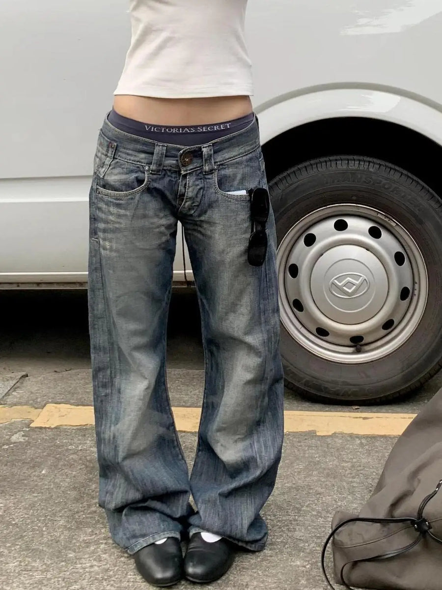 Baggy jeans voor dames met wijde pijpen, donkere wassing