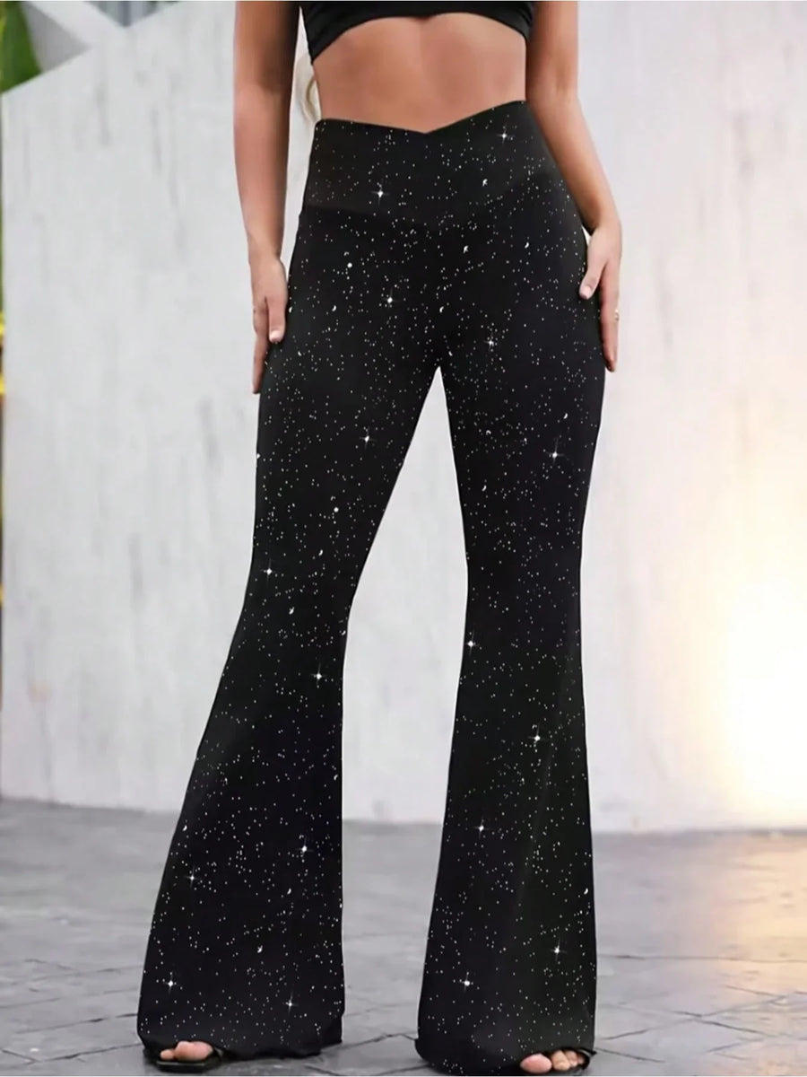 Zwarte wijde damesbroek met hoge taille en sterrenpatroon