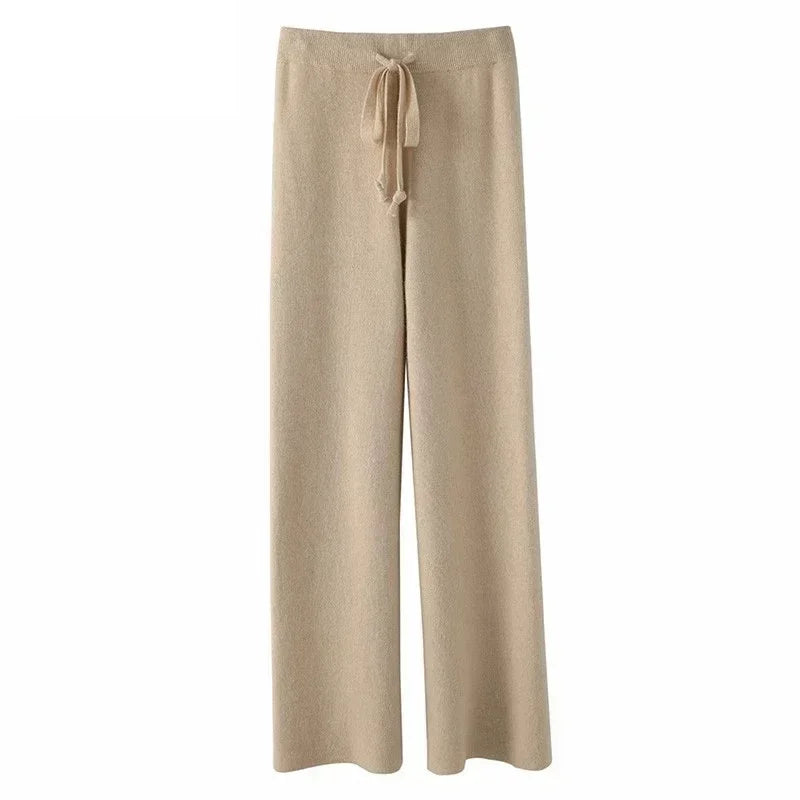 Damen Strickhose Weites Bein Hoher Bund mit Kordelzug