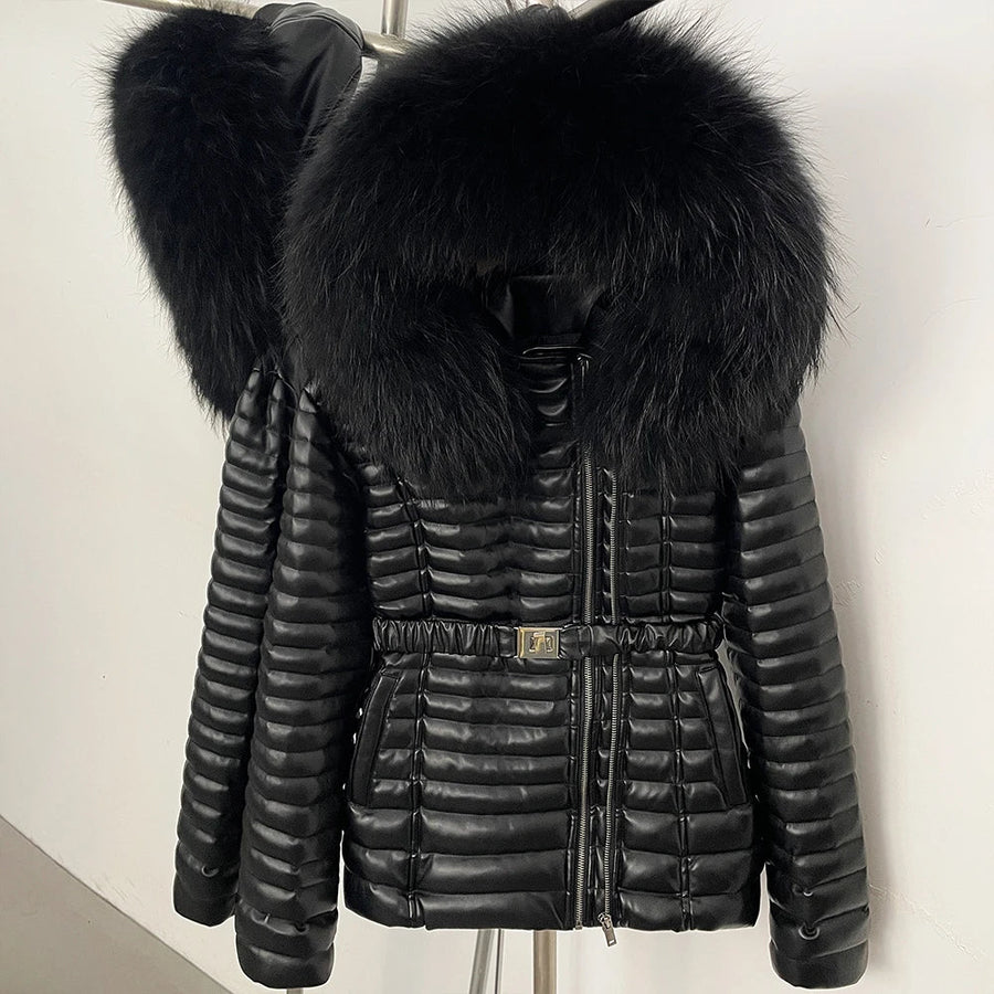 Damen Steppjacke Schwarz mit Pelzbesatz Kapuze Gürtel
