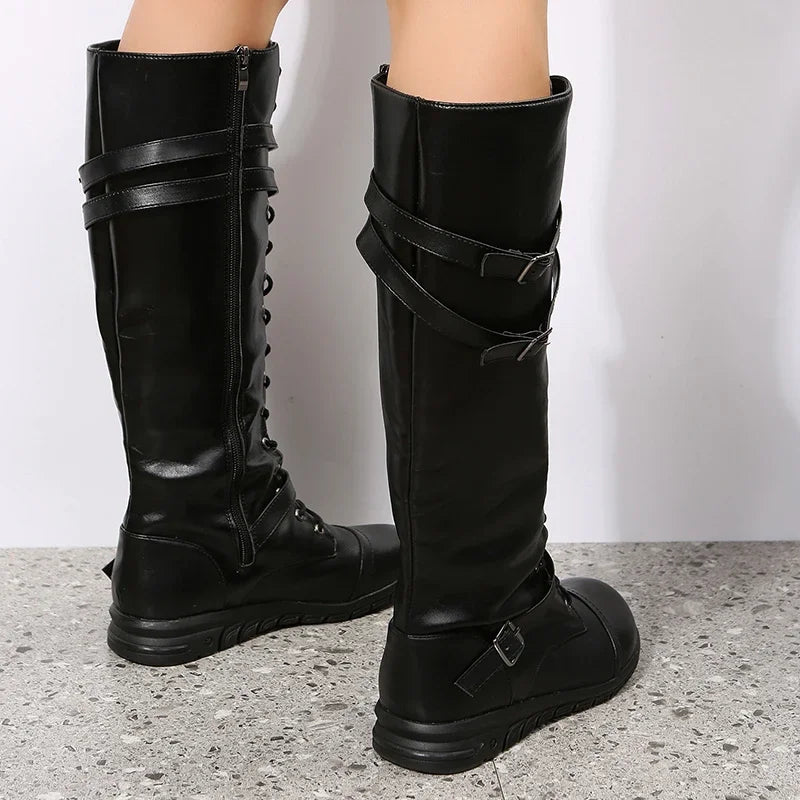 Damen Kniehohe Schnürstiefel mit Schnallen Flacher Absatz