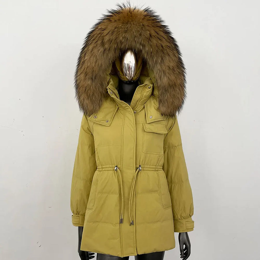 Damen Winterjacke Parka mit Kapuze Kunstfellbesatz Tunnelzug Creme