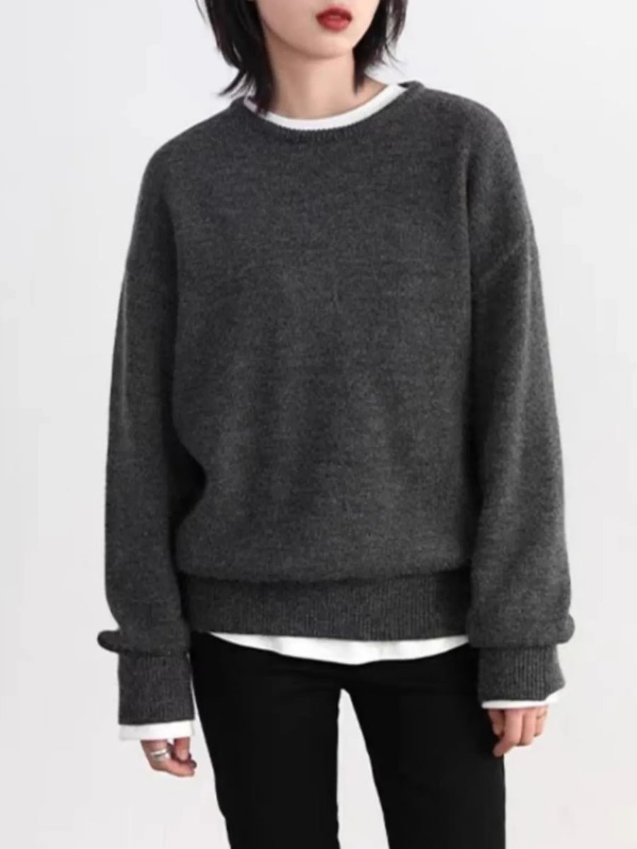 Grauer Damen Rundhals-Pullover mit langen Ärmeln