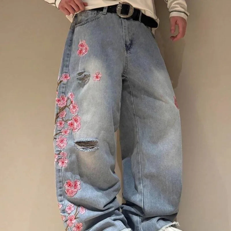 Weite Jeans im Baggy-Stil mit Blumenstickerei für Damen