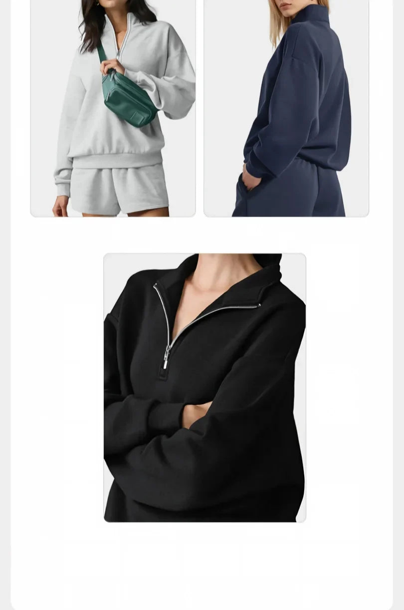 Damen Sweatshirt & Shorts Set Hellgrau mit Reißverschluss