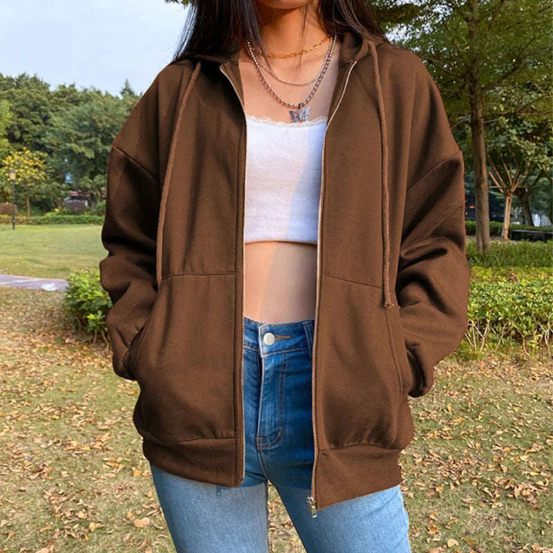 Damen Hoodie Jacke mit Reißverschluss Kapuze und Kängurutaschen, Oversize Schnitt