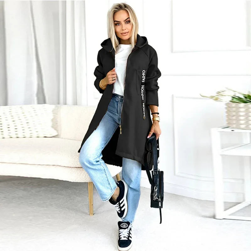 Damen Lange Hoodie Jacke mit Reißverschluss und Kapuze