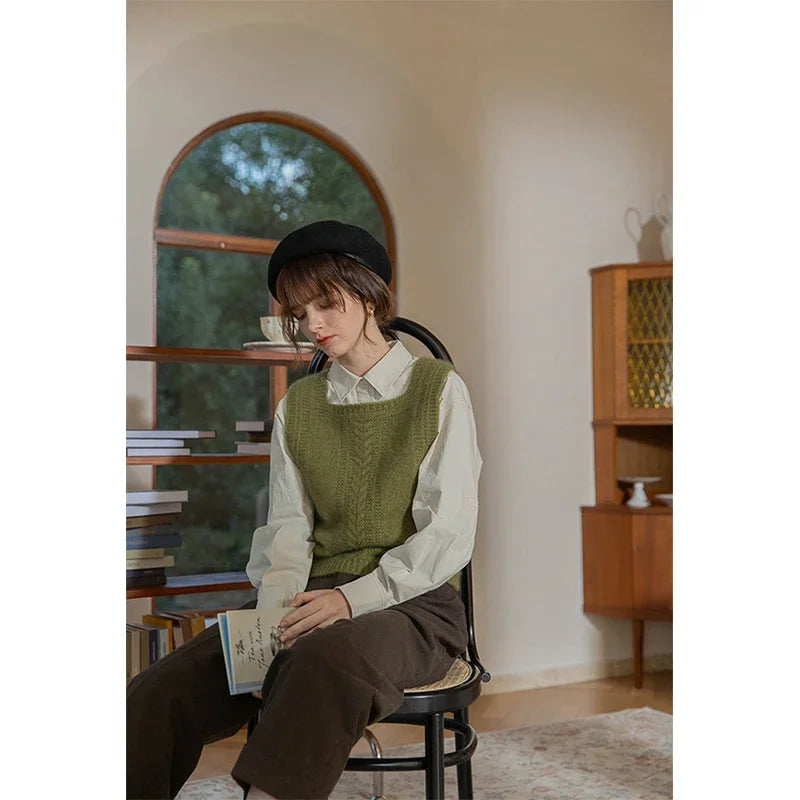 Damen Strickweste Pullover Weste Grün Strickmuster Quadratischer Ausschnitt