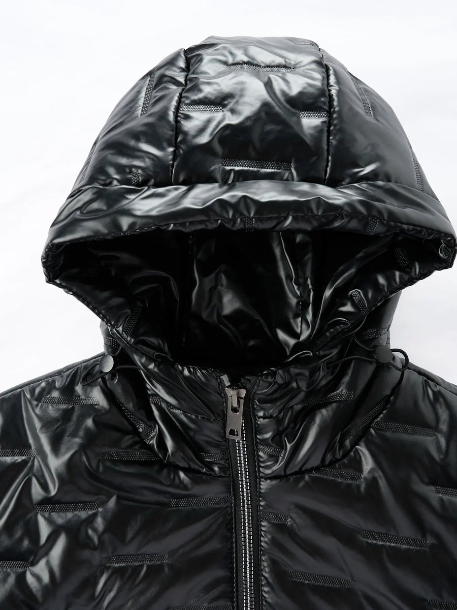 Glänzende Schwarze Steppjacke mit Kapuze