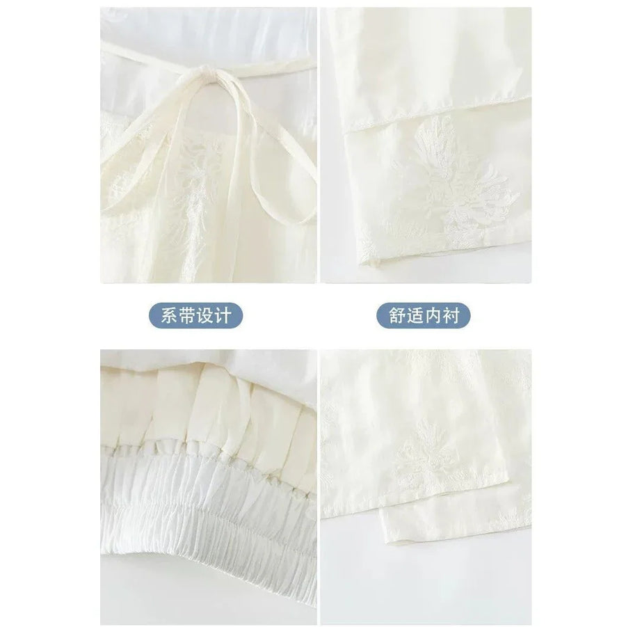Dames witte wijde broek met borduursel, high waist en trekkoord, zomer-palazzobroek