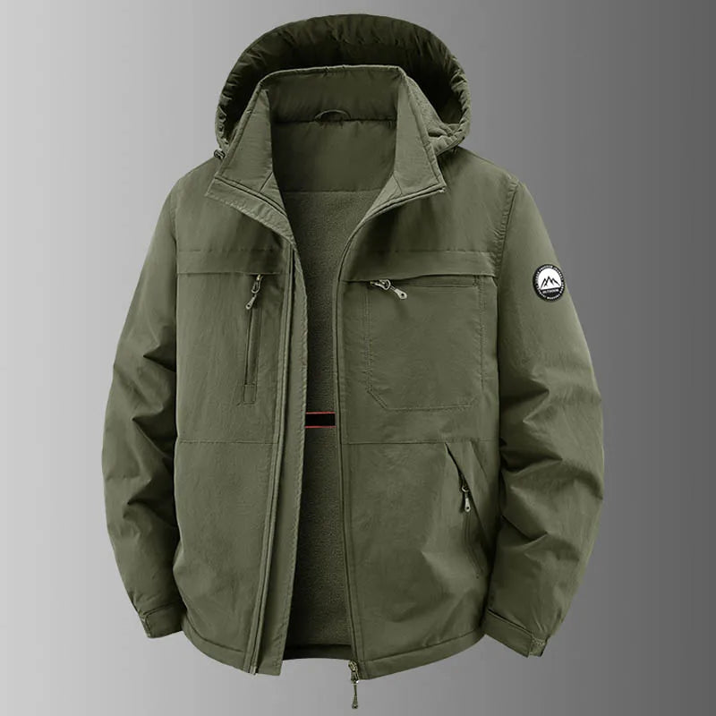 Herren Outdoor Jacke mit Kapuze & Reißverschluss, Mehrere Taschen, Fleece-Futter, Warm