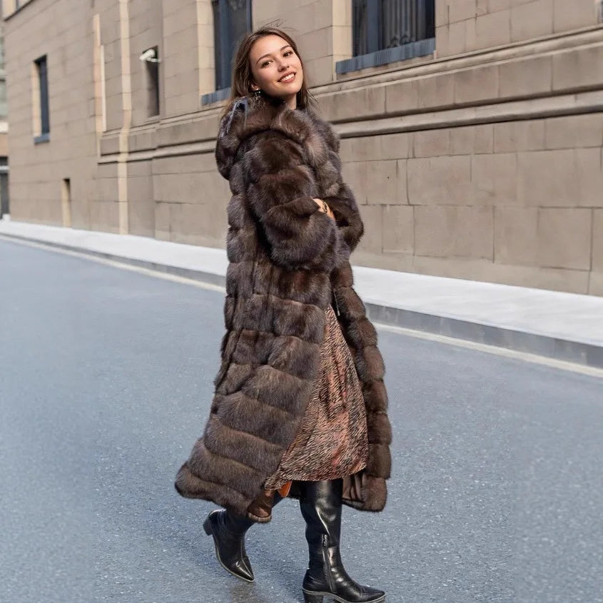 Damen Langer Pelzmantel mit Kapuze Braun Winter