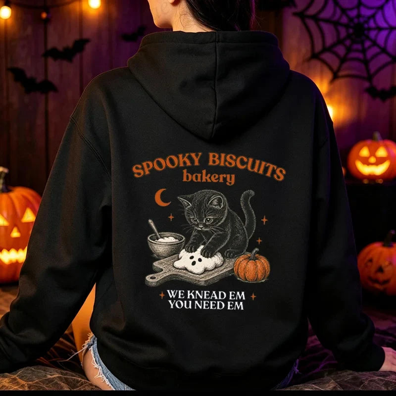 Hoodie met kattenmotief op de achterkant, "Spooky Biscuits Bakery"-print, sweatshirt met capuchon