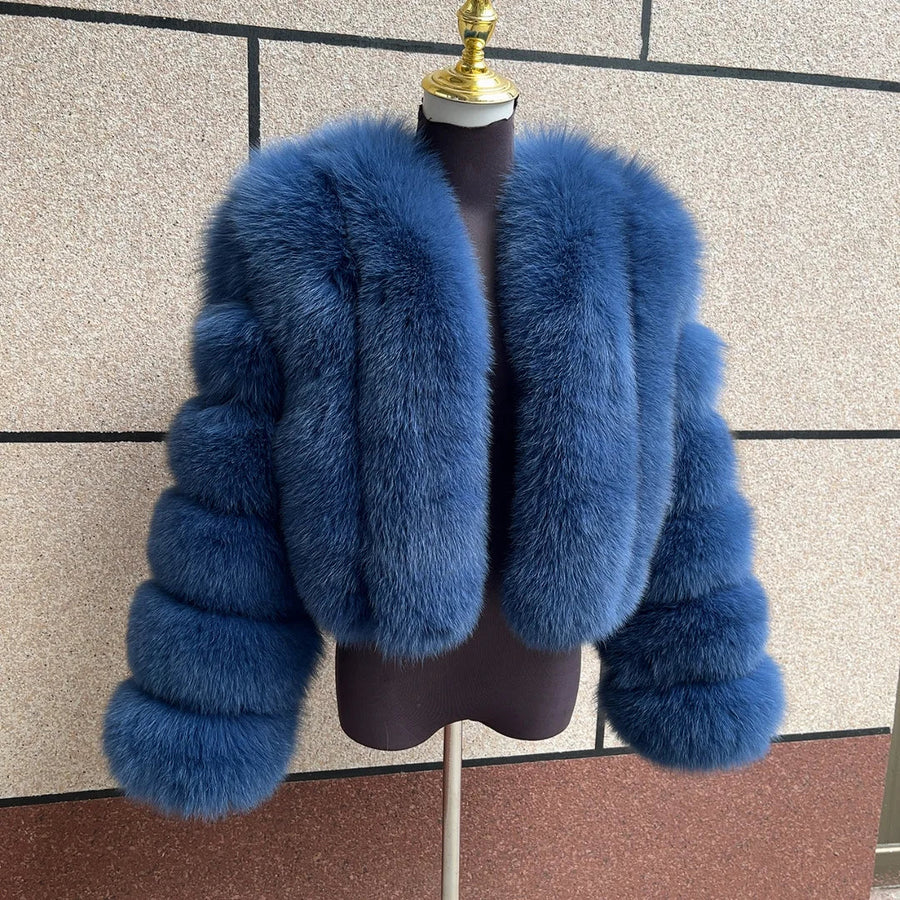 Kurze Damen Kunstpelzjacke mit langen Ärmeln und V-Ausschnitt, mehrfarbig