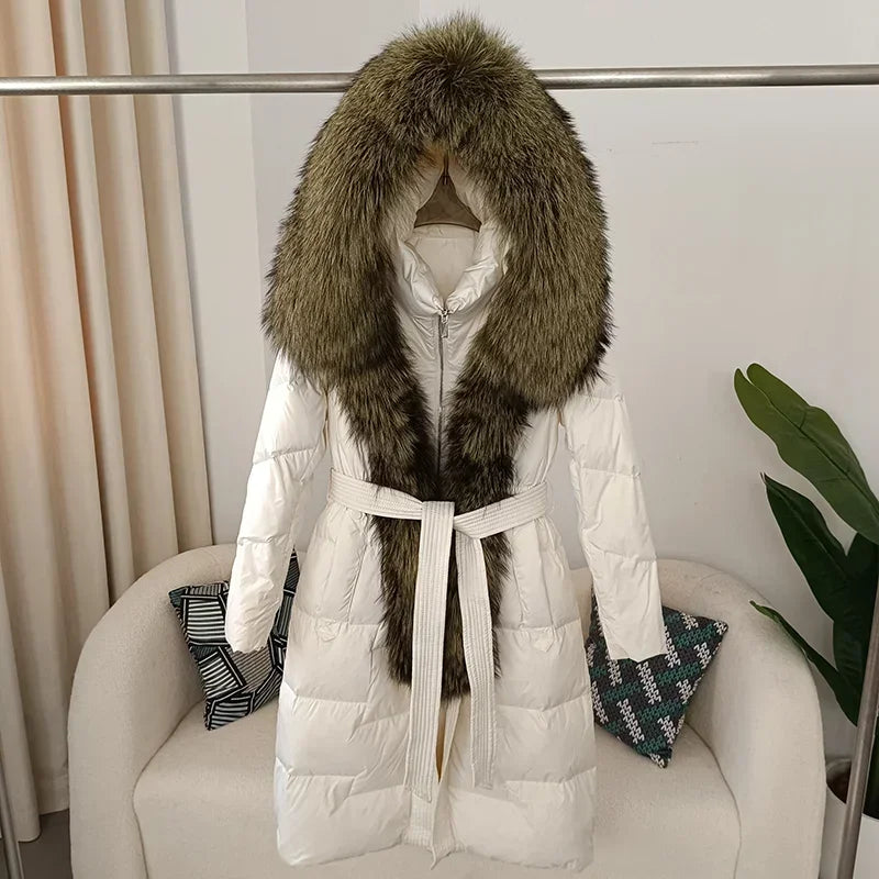 Damen Winter Steppmantel Lang mit Kapuze und Kunstpelzbesatz Gürtel