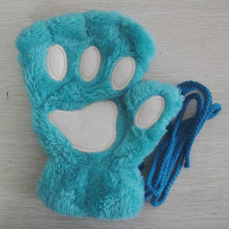 Unisex pluizige kattenpoot-handschoenen zonder vingers, met pootafdruk en band